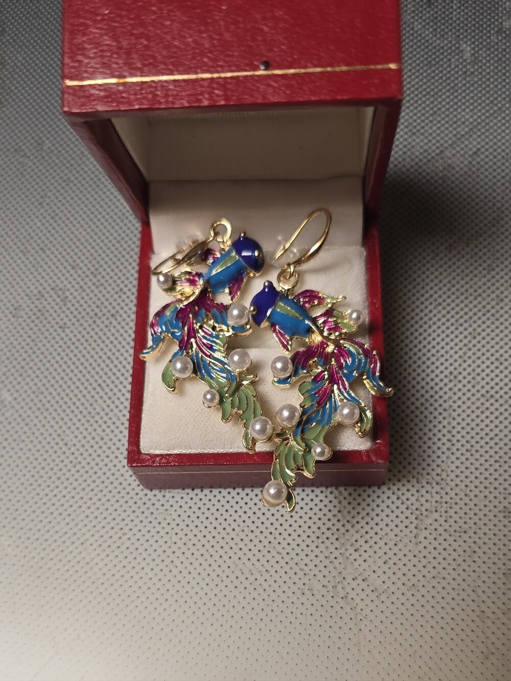 Colorful Pierced Enamel Bluegreen Red Koi Fish Earrings With Pearls